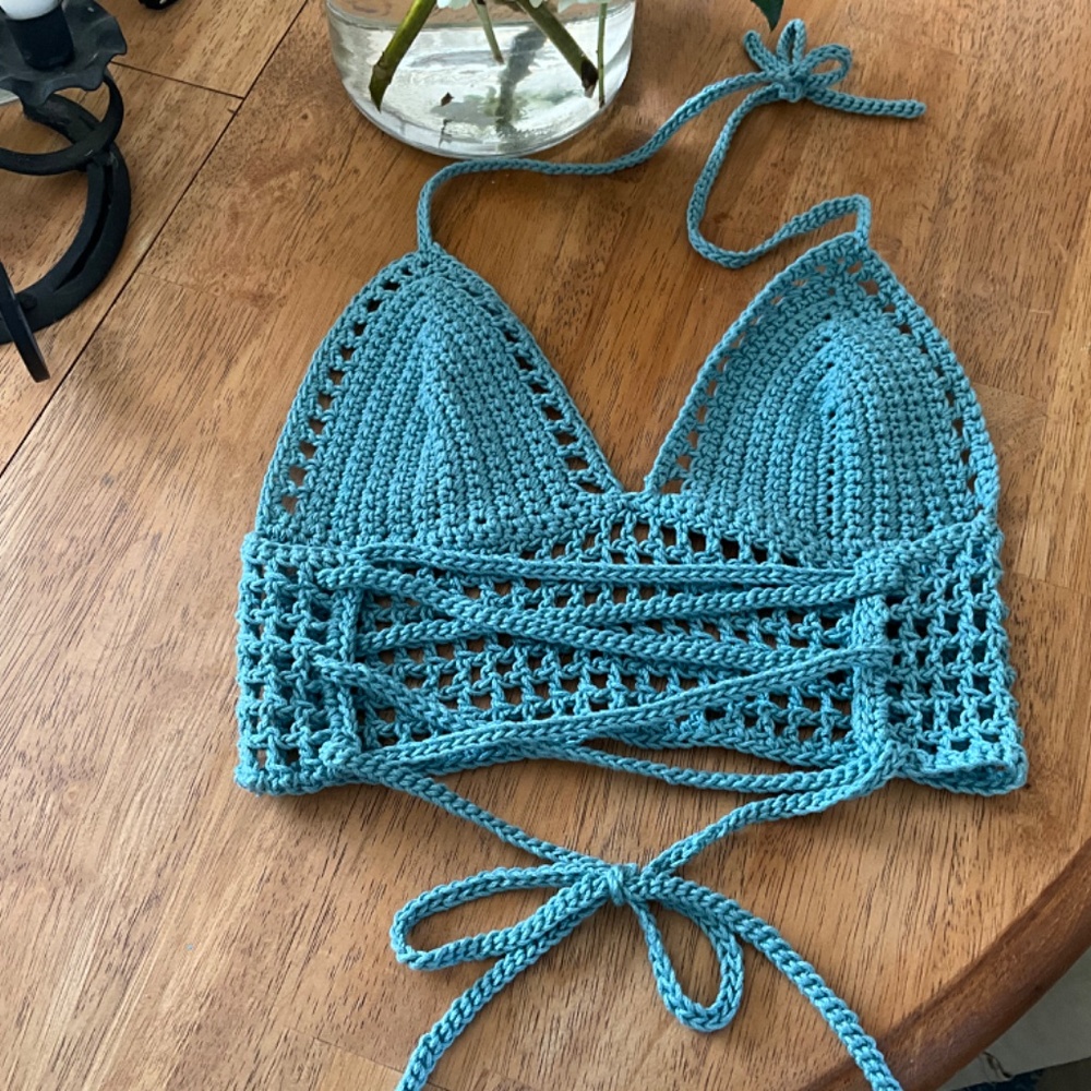 Handmade Halter Crochet Boho Hippie Bralette Crop Top Off the Shoulder with Mesh - Picture 4 of 7